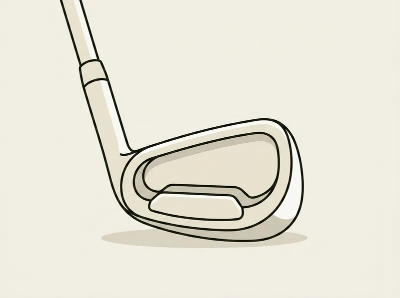 Illustration of a cavity back iron clubhead resting on its sole, seen from behind with the hollowed cavity visible