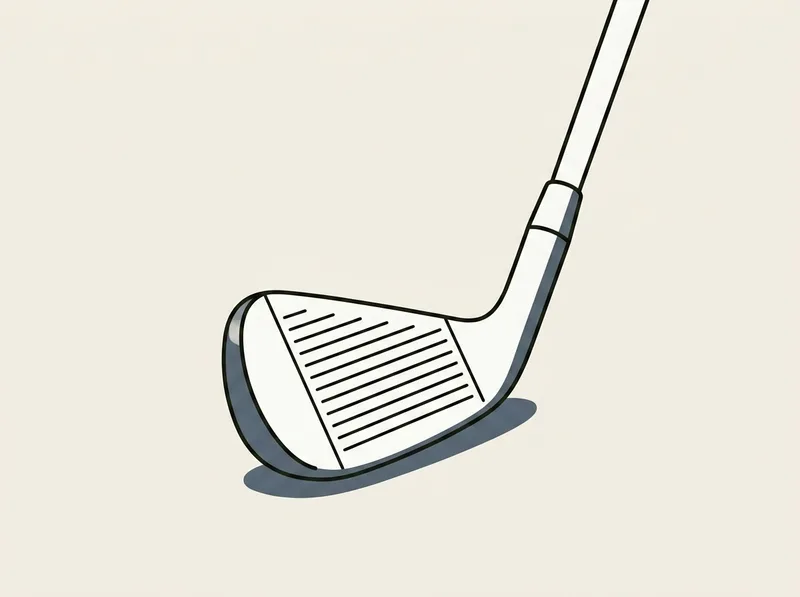Illustration of an iron clubhead standing square to the viewer with the scored face and rounded leading edge visible