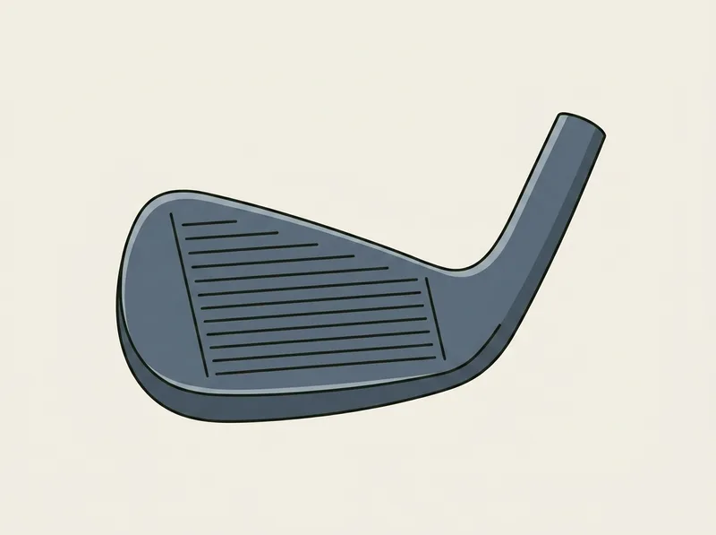 Illustration of an iron clubhead lying face up with the grooved striking face turned toward the viewer
