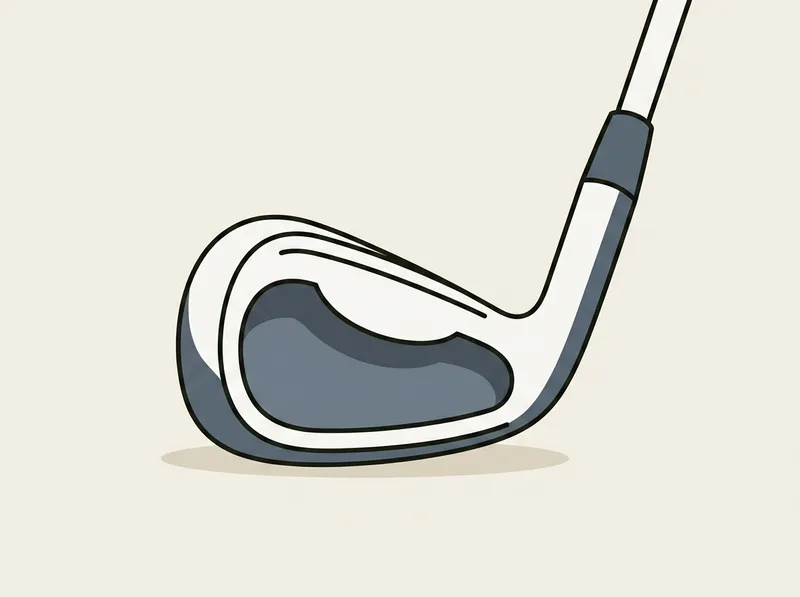 Illustration of an iron clubhead seen from the heel side with a rounded oversized body and offset hosel