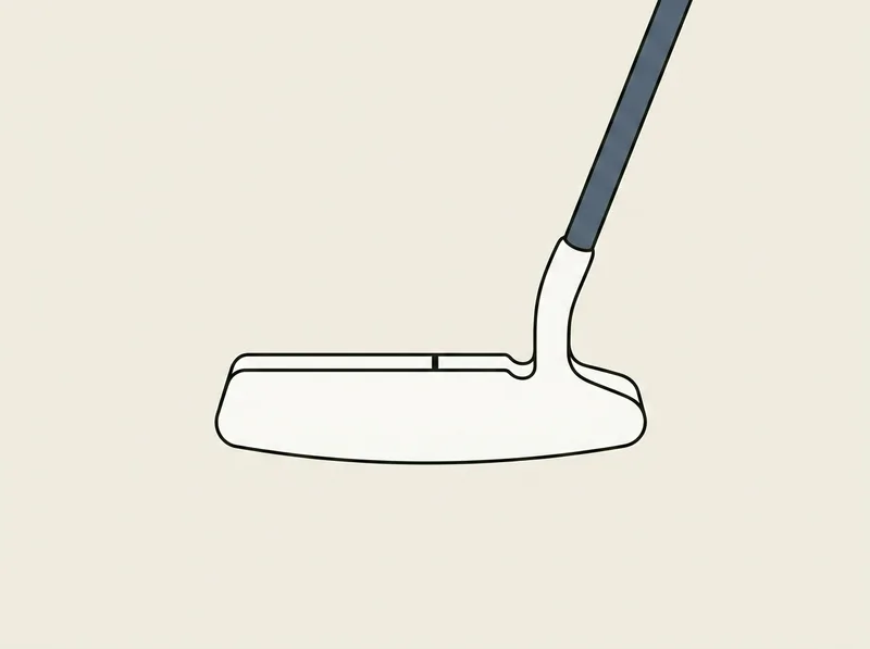 Illustration of a heel and toe weighted blade putter head with a curved neck and a single sight mark