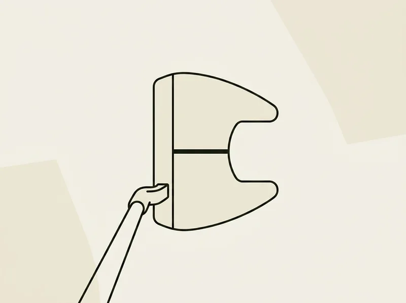 Illustration of a fang shaped putter mallet head seen from directly above with a central sight line