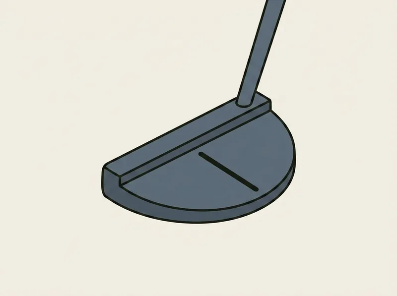 Illustration of a half moon shaped mallet putter head seen from three quarters above with a single central groove