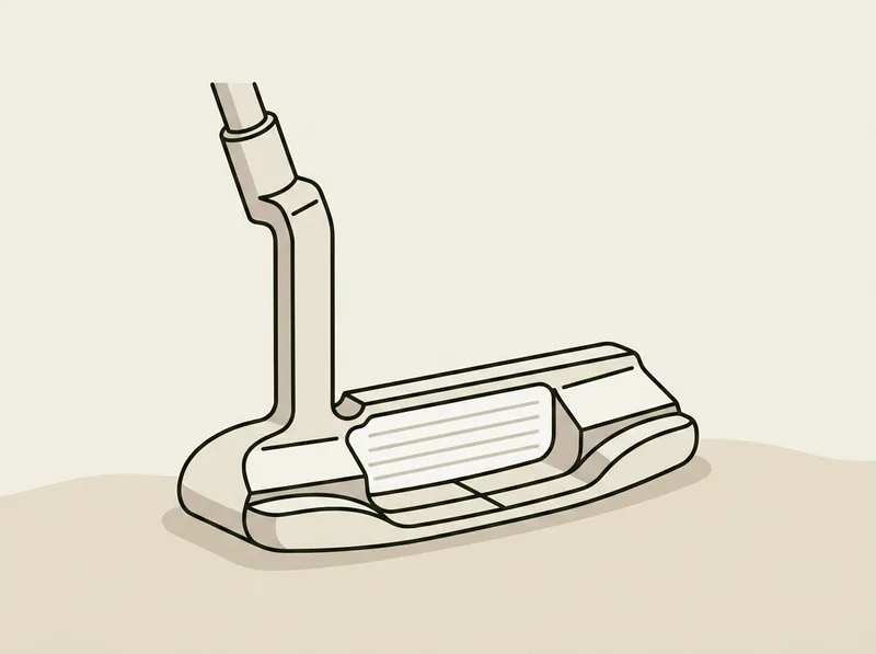 Illustration of a classic milled blade putter head seen from the face side with a plumber neck hosel