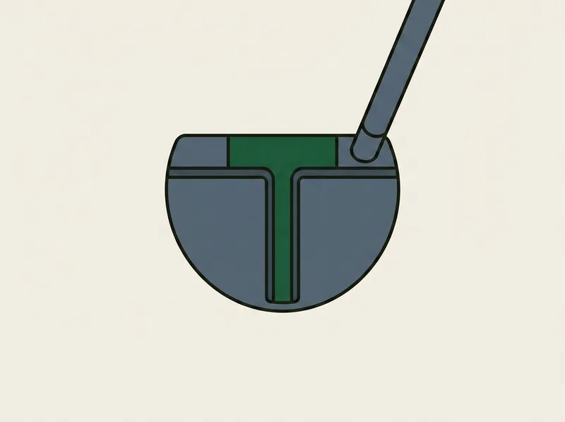 Illustration of a rounded modern mallet putter head seen from directly above with a raised T shaped alignment bar