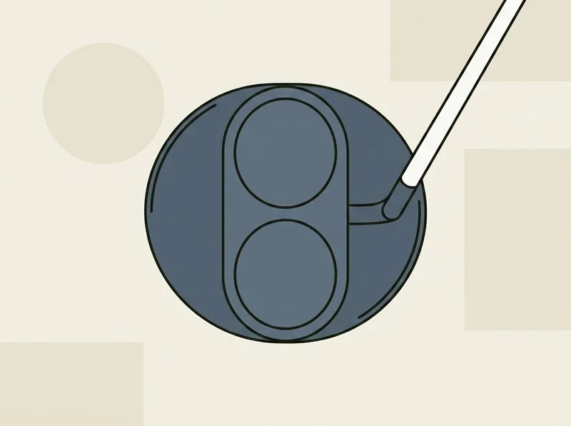 Illustration of an oval mallet putter head seen from directly above with two plain discs in a line behind the face