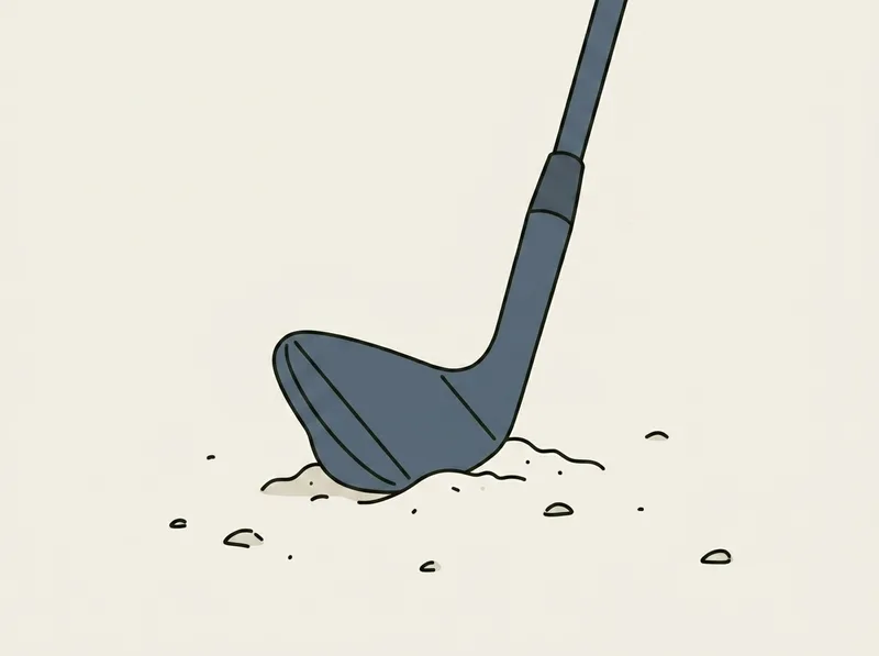 Illustration of a high lofted golf wedge head resting on loose sand