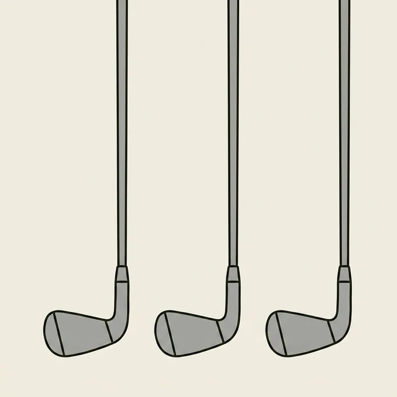 Three golf irons lying flat side by side seen from above