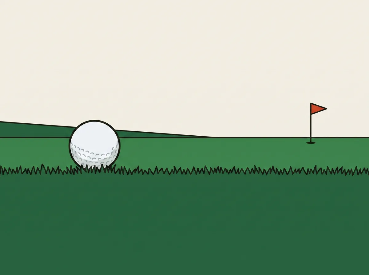 A golf ball on short grass with flat clear mown ground running away from it to a flagstick in the distance