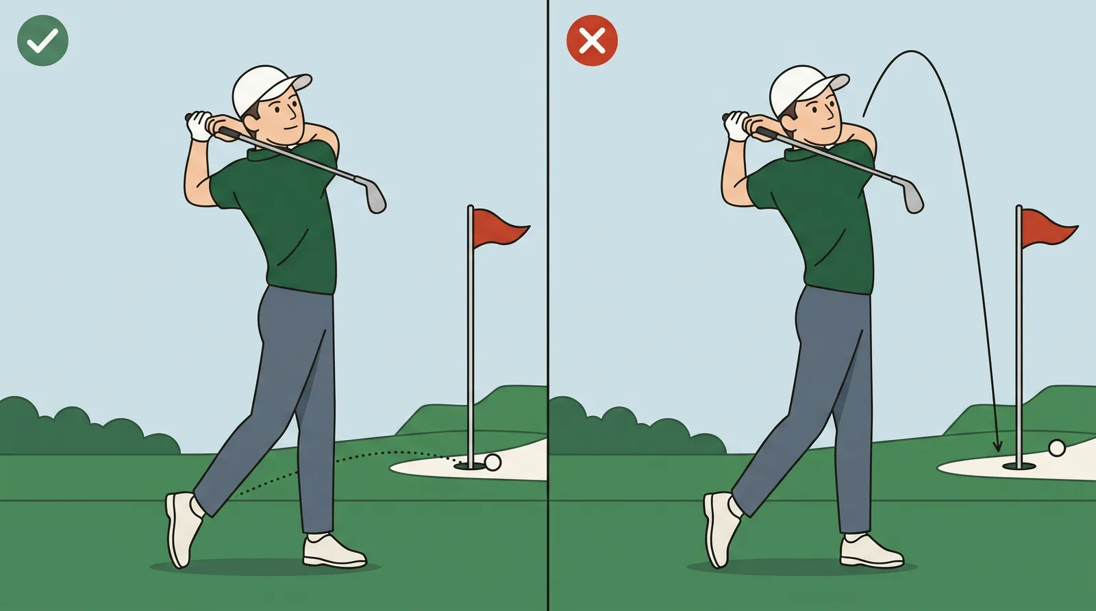 Comparison of a low running shot finishing next to the flag against a high shot pitched at the flag and bouncing past it