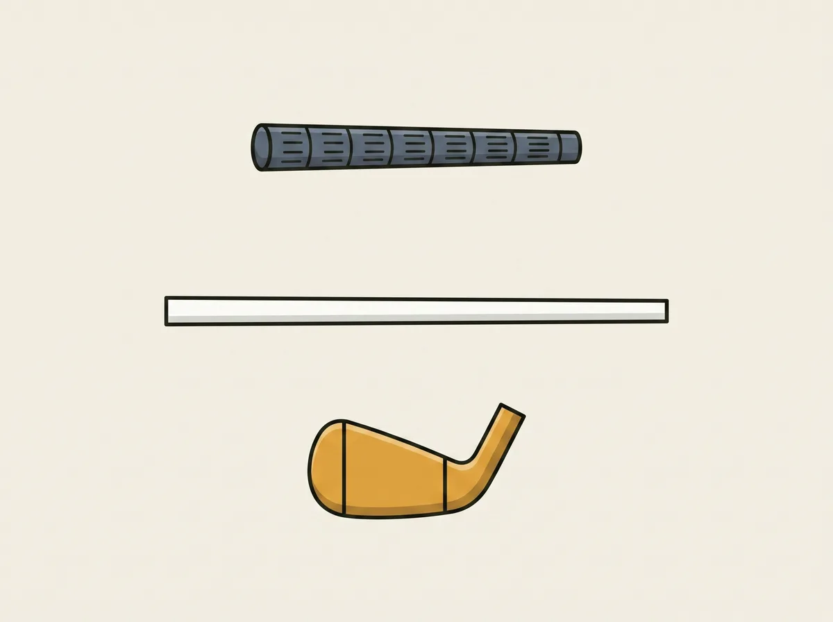 A golf club separated into three parts, the grip, the shaft and the head, laid out in a column