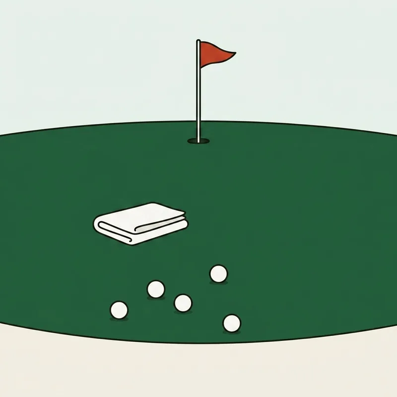 A practice chipping green with a towel laid on it and several golf balls