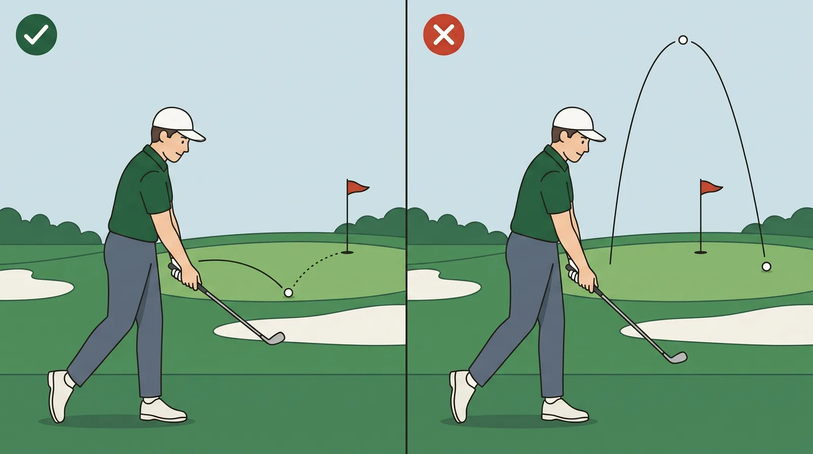 Comparison of a low shot landing on the front of the green and running to the flag against a high shot flown at the flag and bounding over the back