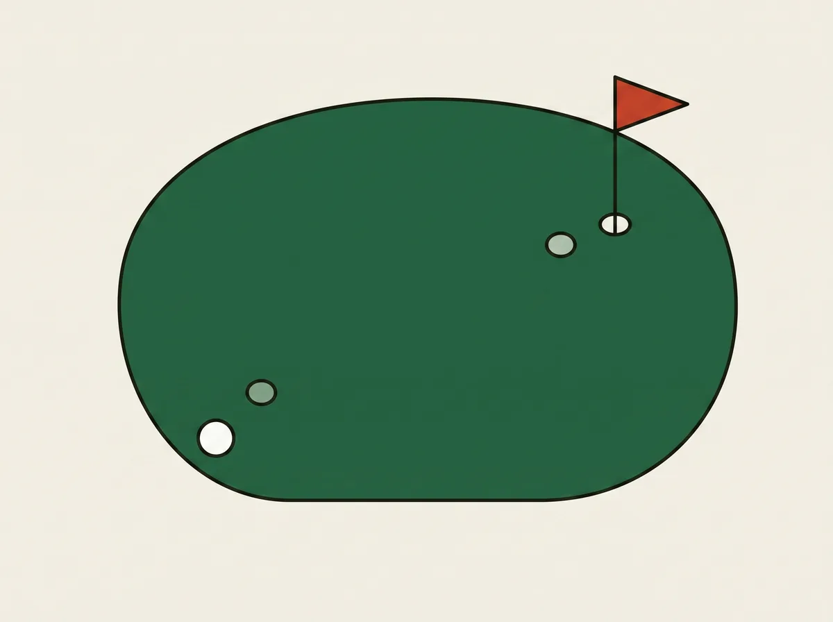 Overhead view of a putting green with a ball off the front edge, a small circle marked near the front of the surface and a second small circle marked beside the hole toward the back
