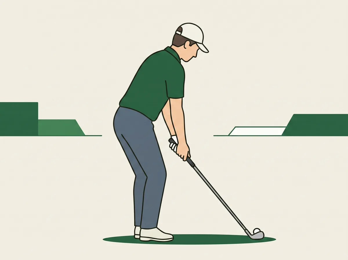 A golfer at address seen from the side, bent forward from the hips with the arms hanging down and a gap between the end of the club grip and the thighs