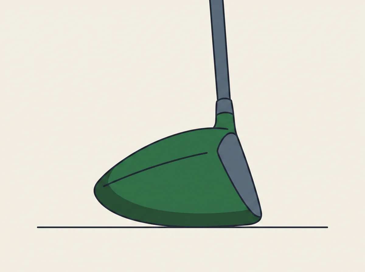 A golf driver head resting on a flat surface seen from the toe end so the angle of the face is visible