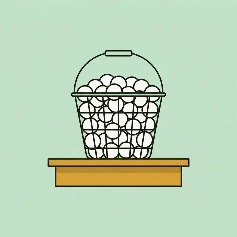 A range basket filled with white practice golf balls sitting on a bay counter