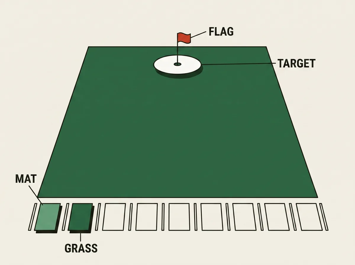 Overhead layout of a driving range showing a row of hitting bays, a mat and grass tee area, and a distant target green with a flag