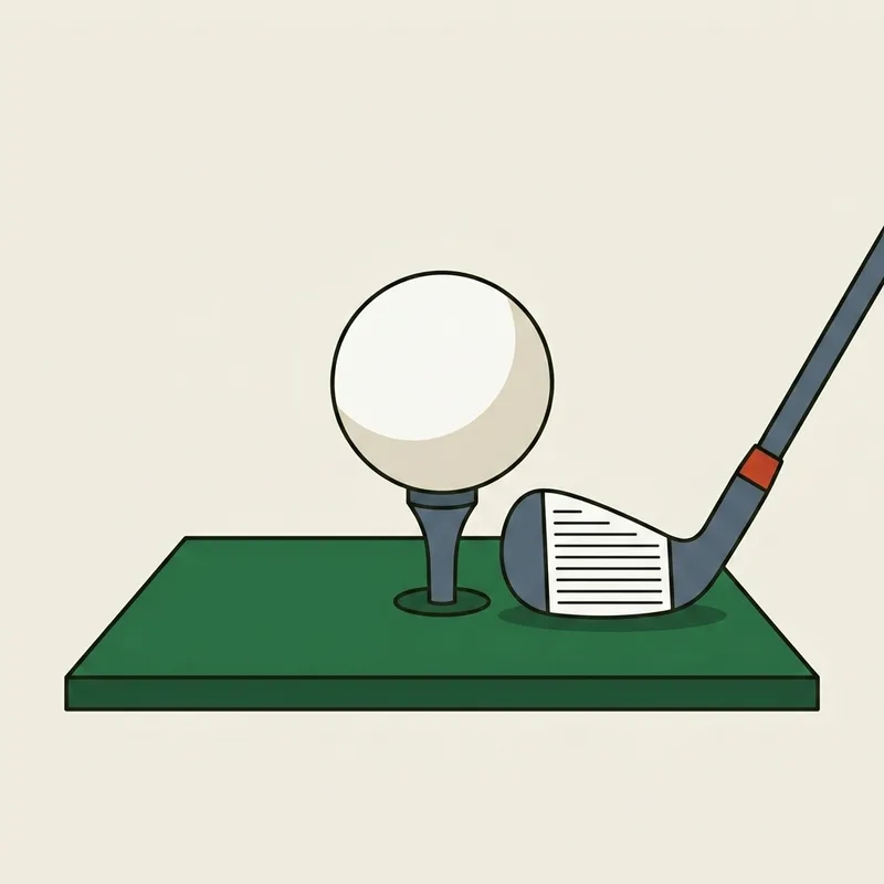A golf ball resting on a rubber tee on a driving range mat with a wedge head beside it