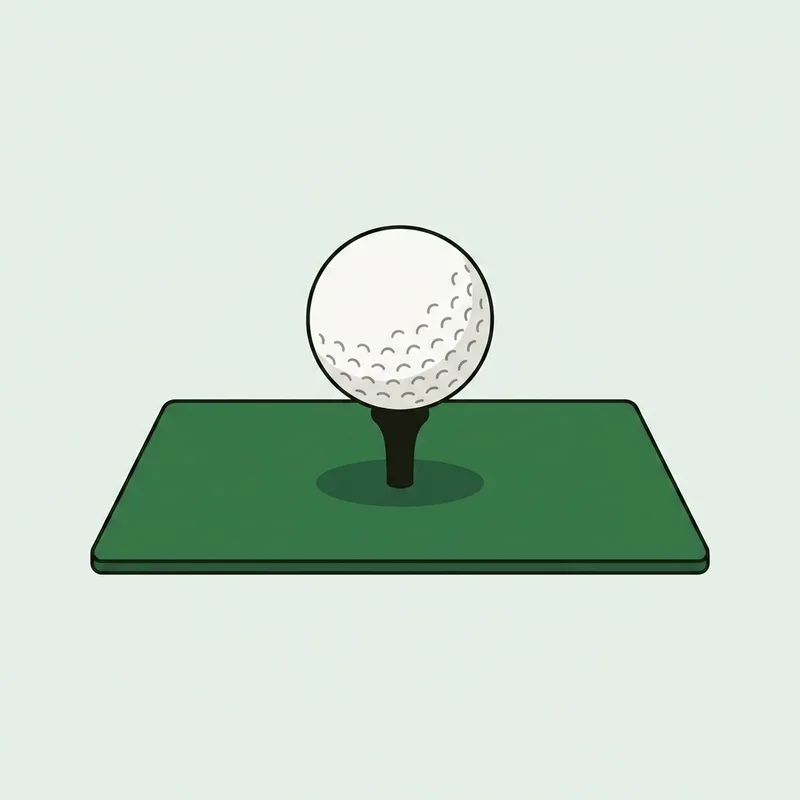 A golf ball resting on a rubber driving range tee set into a mat