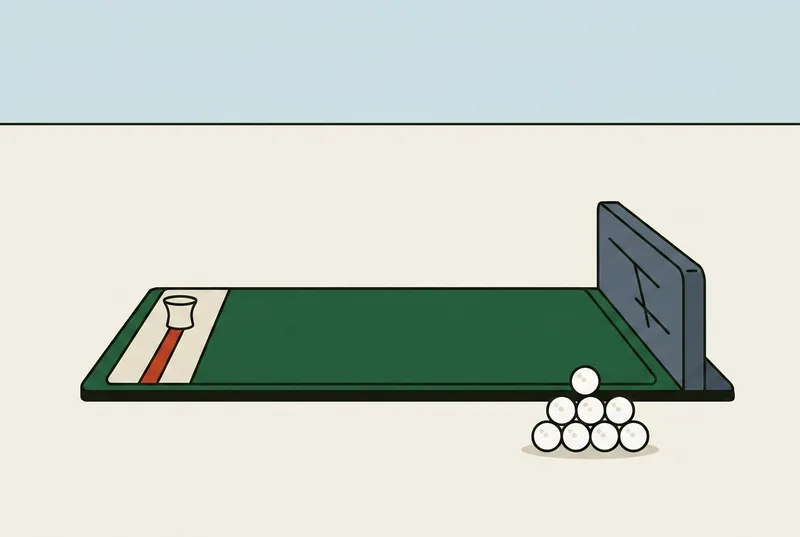 A driving range hitting bay with a rubber tee set into a mat and a low divider to one side