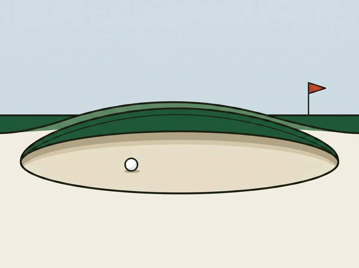 Side view of a bunker with a raised lip at its front edge, a ball on the sand behind it and a flagstick far beyond