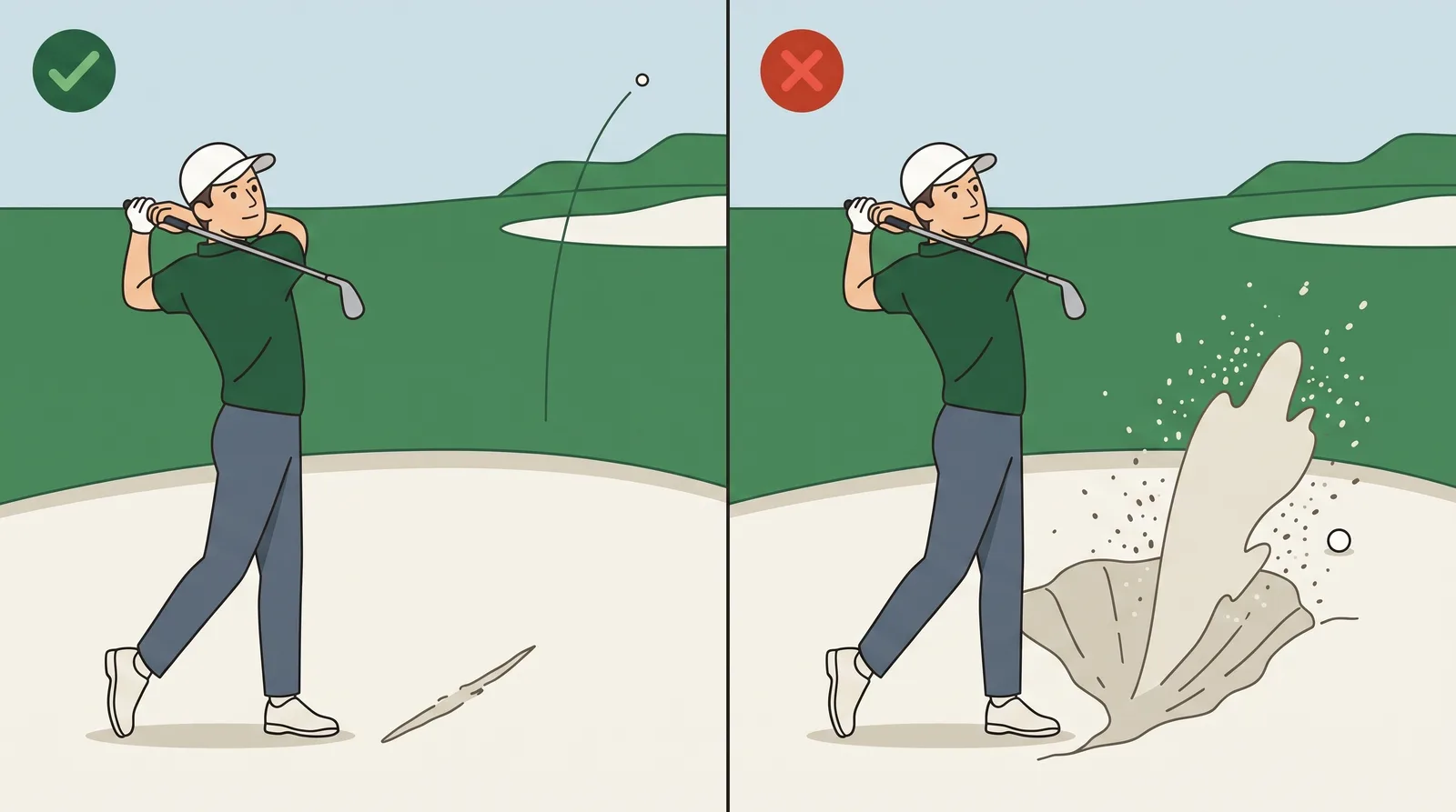 Comparison of a shallow scrape left in the sand with the ball flying away against a deep crater with the ball barely moving