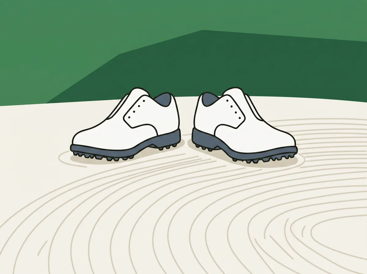 A pair of golf shoes standing on smooth sand with the soles resting on the surface and only a very shallow impression around them