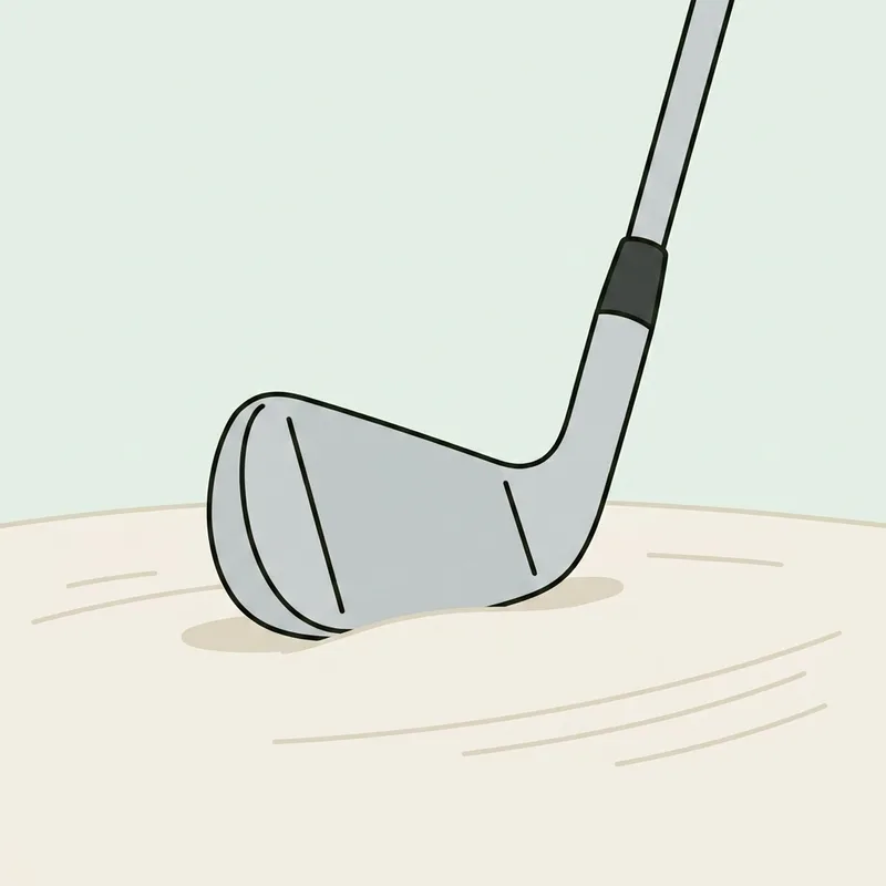 A single iron clubhead resting on smooth flat sand