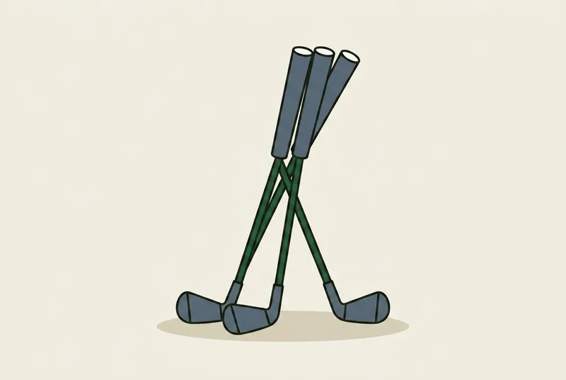 Three golf clubs leaning against each other with their grip ends angled up toward the viewer