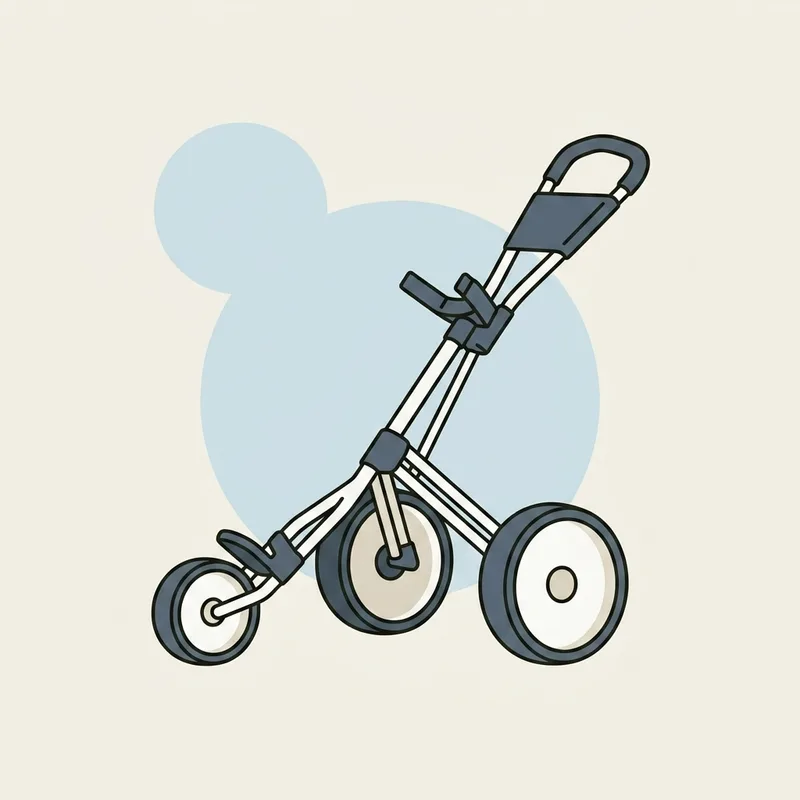A three wheeled golf push cart standing on a flat surface