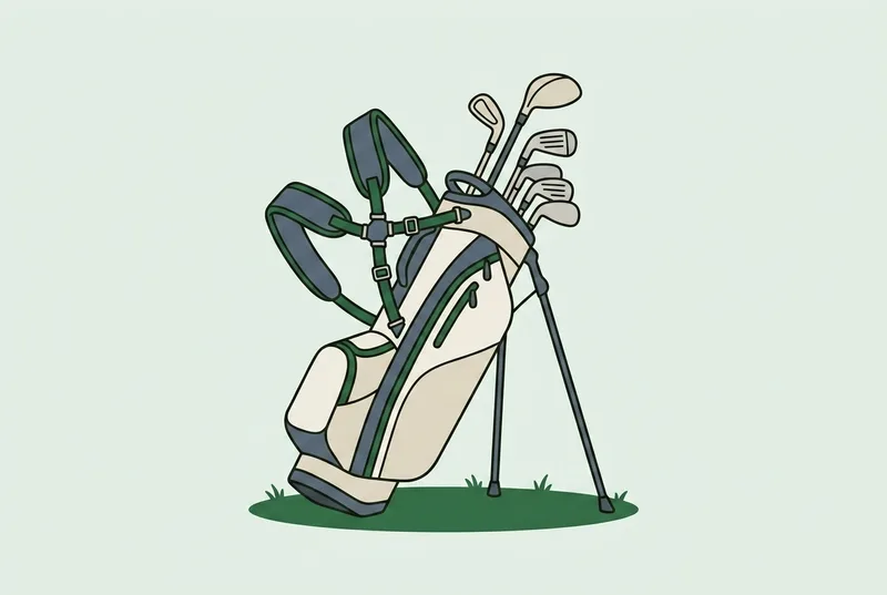 A golf stand bag standing upright on grass with a double shoulder strap