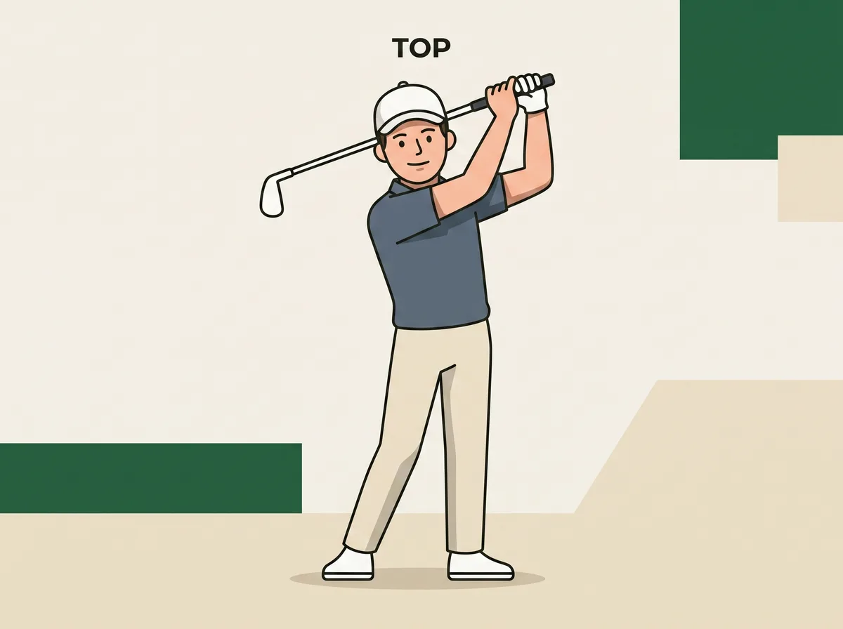 Diagram of a golfer at the top of the backswing seen face on with the lead arm across the chest and both heels still on the ground