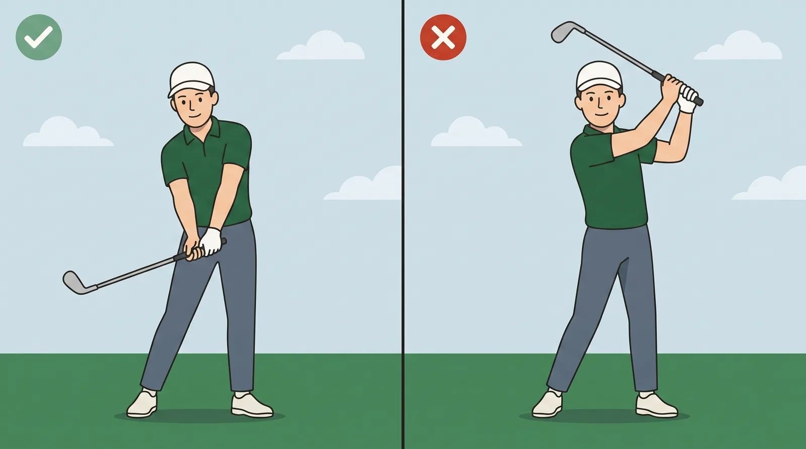Comparison of a golfer turning the chest into the backswing against a golfer lifting the arms with the chest square