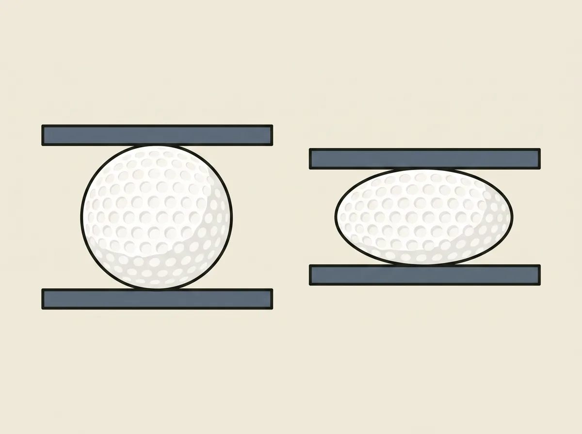Two golf balls resting between flat plates, one flattened noticeably more than the other