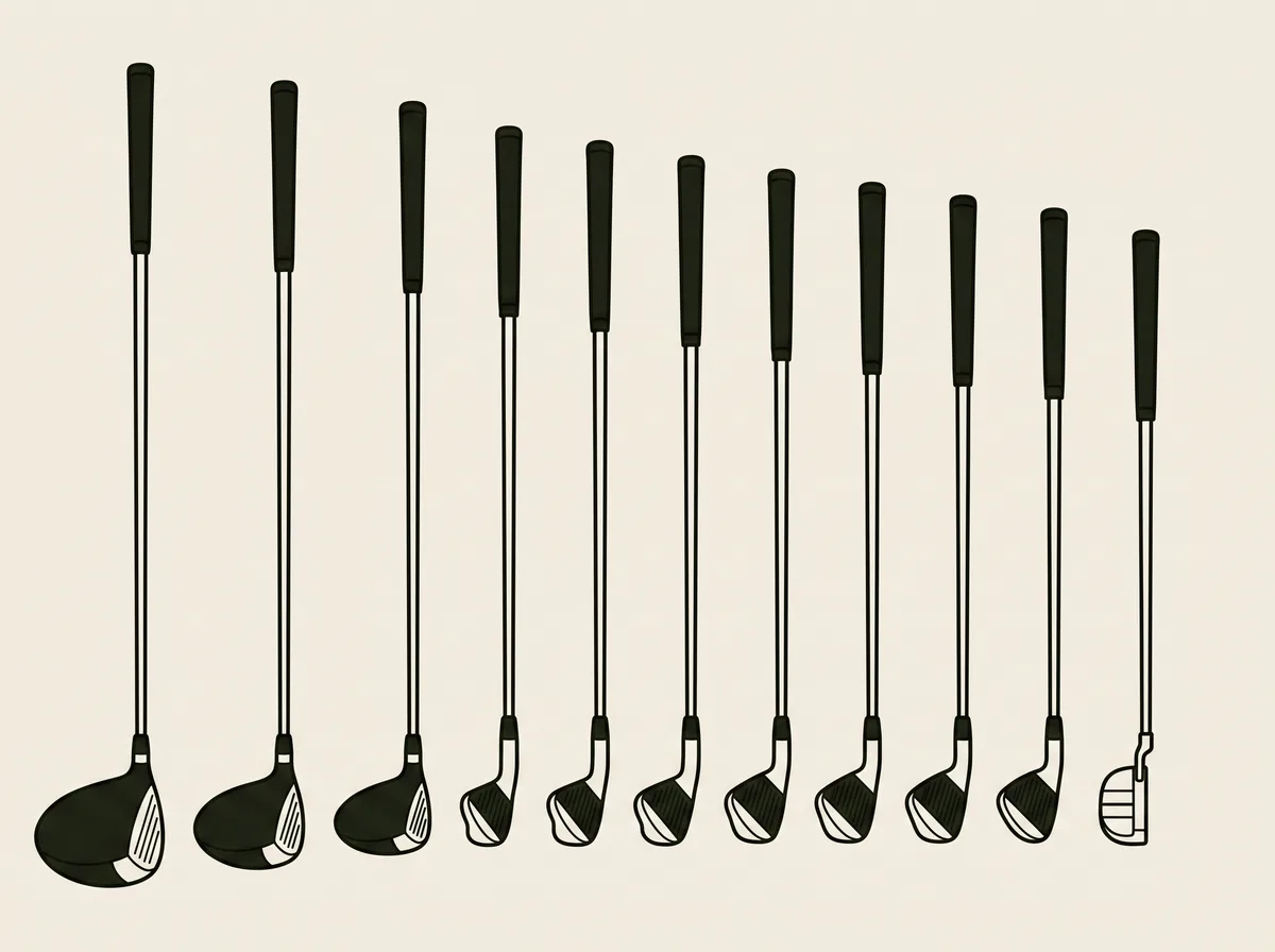 A full set of golf clubs laid out in a row, ordered from longest to shortest