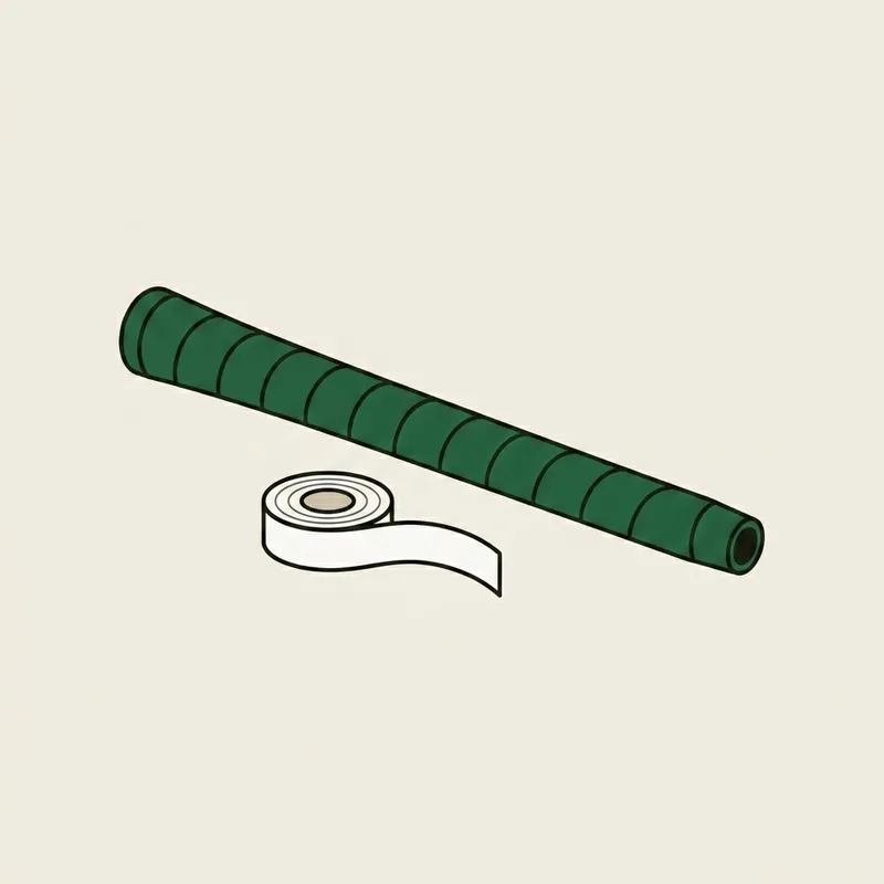 A golf club grip lying beside a roll of grip tape