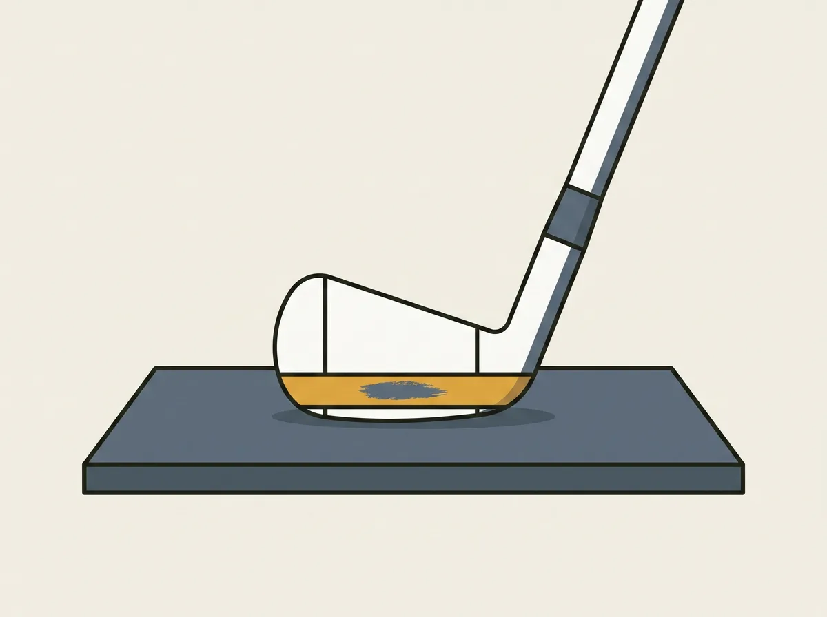 A golf iron head resting on a flat rectangular board with a strip of tape across its sole