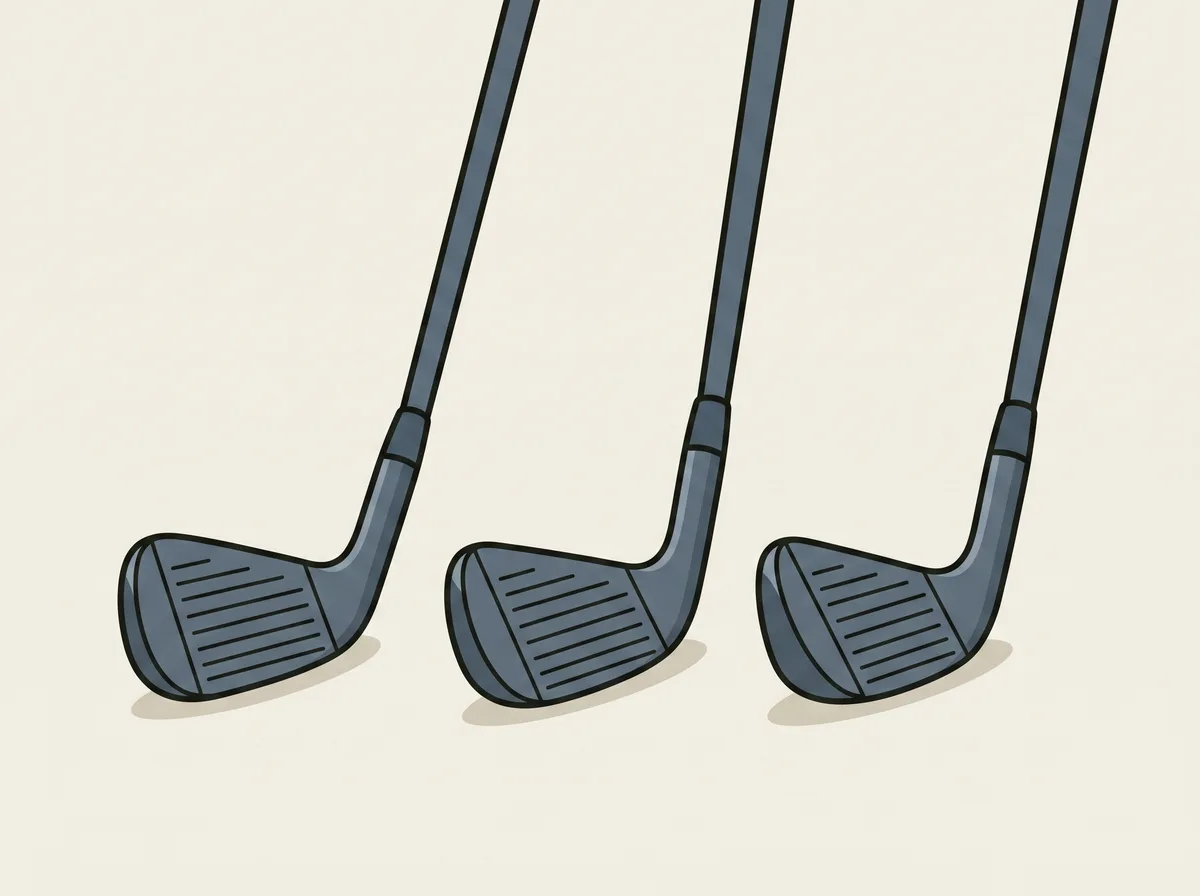 Three golf iron heads standing in a row on a flat surface with their shafts at slightly different angles