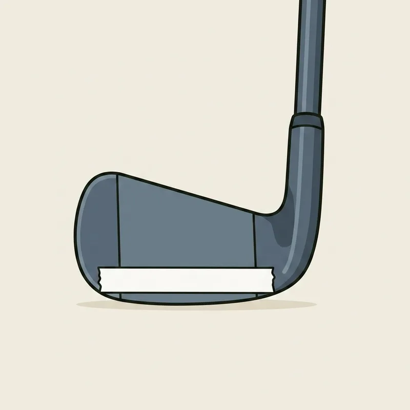 A golf iron head resting on a surface with a plain strip of tape stuck along its bottom edge