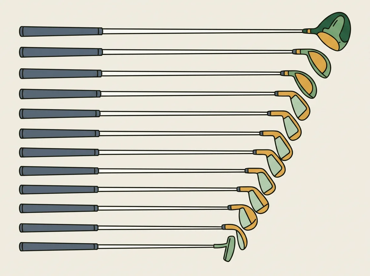 A set of golf clubs laid out in a row on a flat background, ordered from longest to shortest