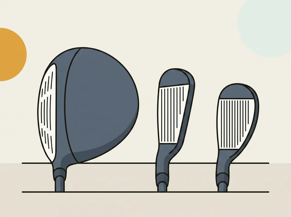 A driver head, an iron head and a wedge head lined up in a row at the same scale