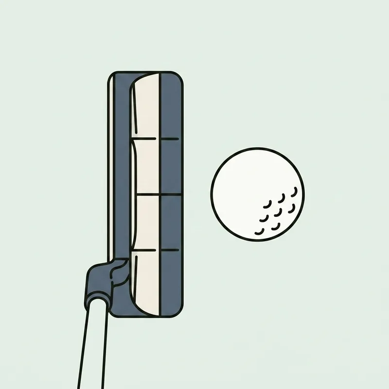 A putter head seen from directly above with a golf ball beside it