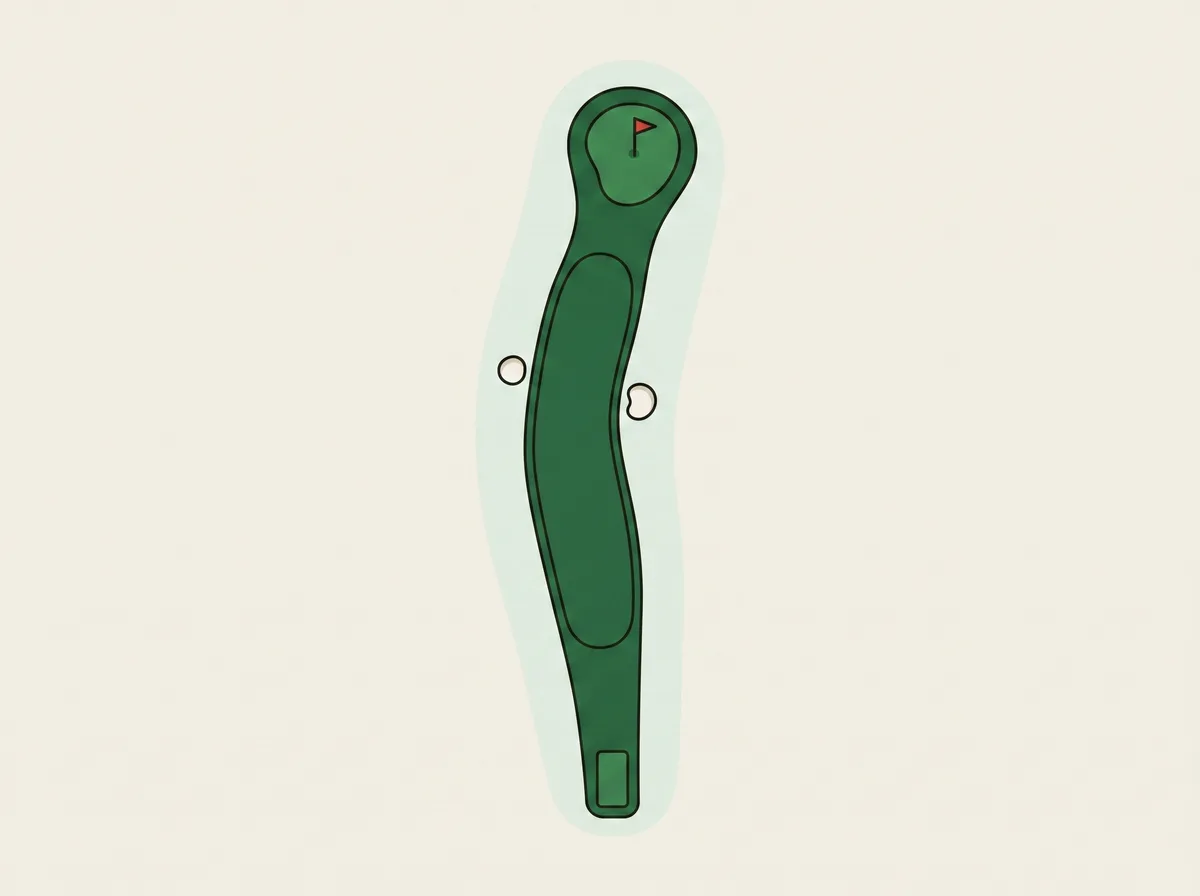 Overhead view of a single golf hole showing a tee box, a curving fairway with two bunkers beside it, and a green with a flagstick