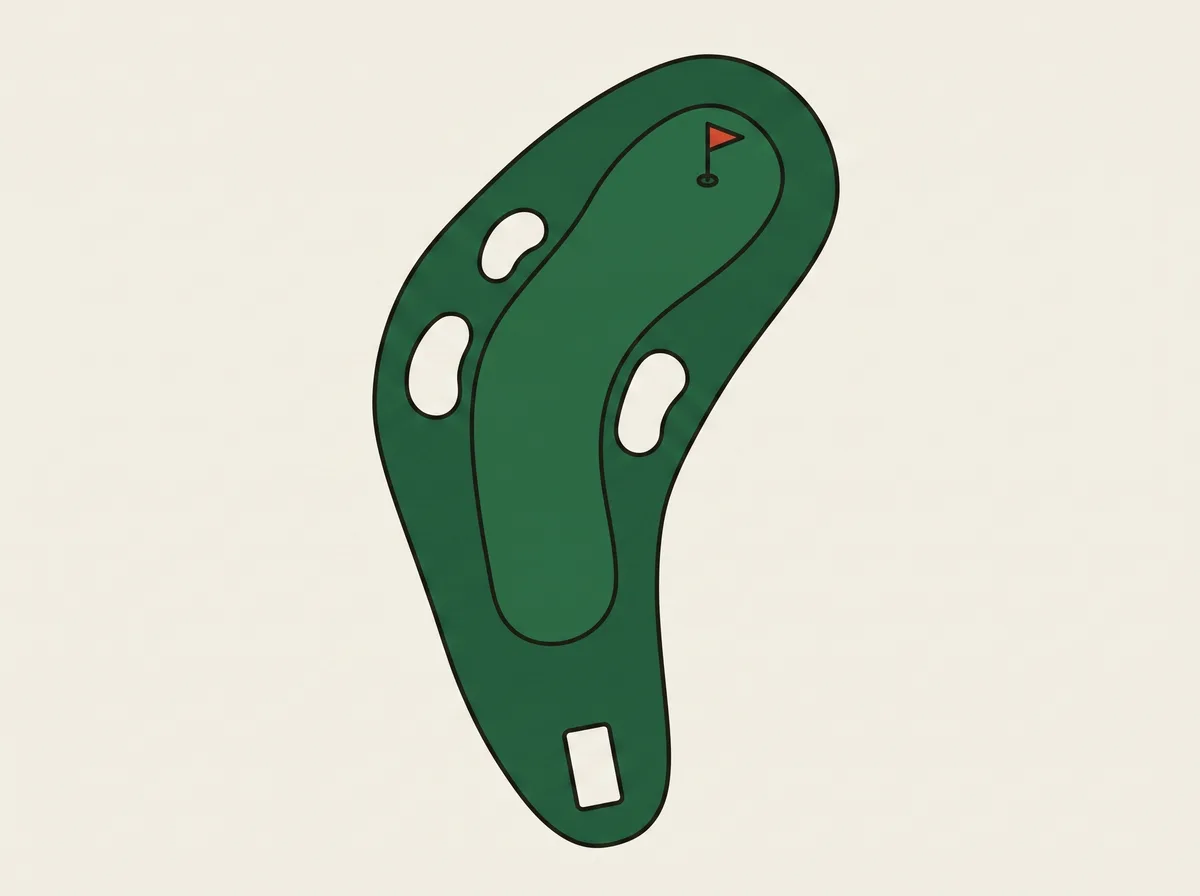 Overhead map view of a single golf hole showing the tee, a curving fairway, bunkers and a green with a flagstick