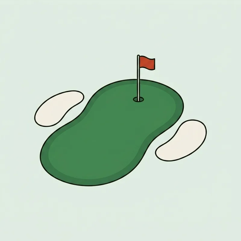 A putting green with a flagstick and two sand bunkers beside it