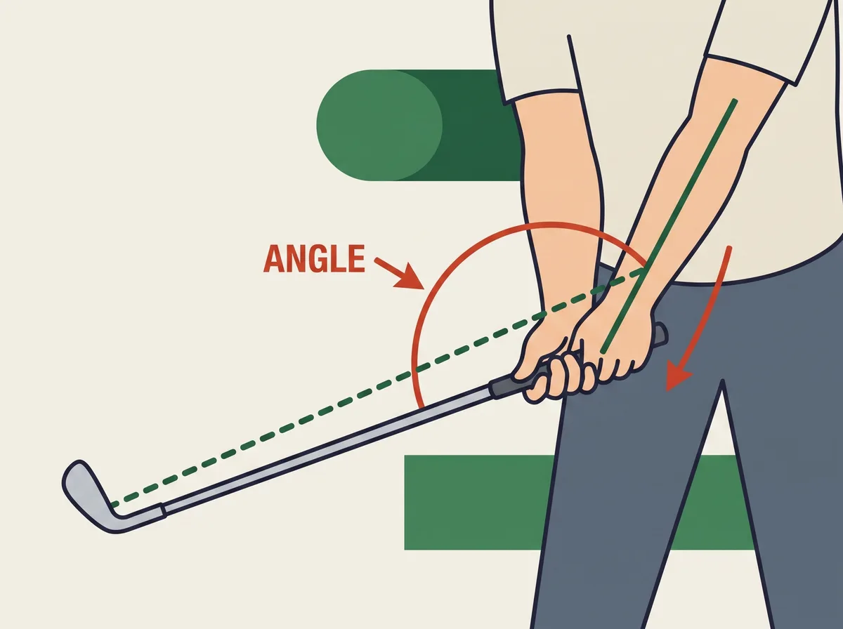 Diagram of a golfer halfway down in the downswing showing the angle retained between the lead arm and the club shaft