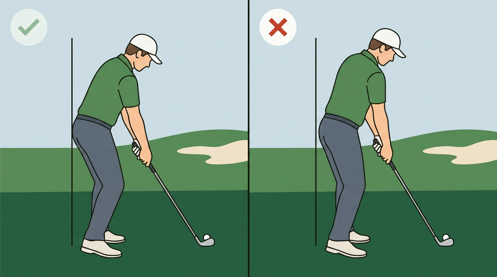 Comparison of a golfer keeping the hips back while rotating against a golfer thrusting the hips towards the ball