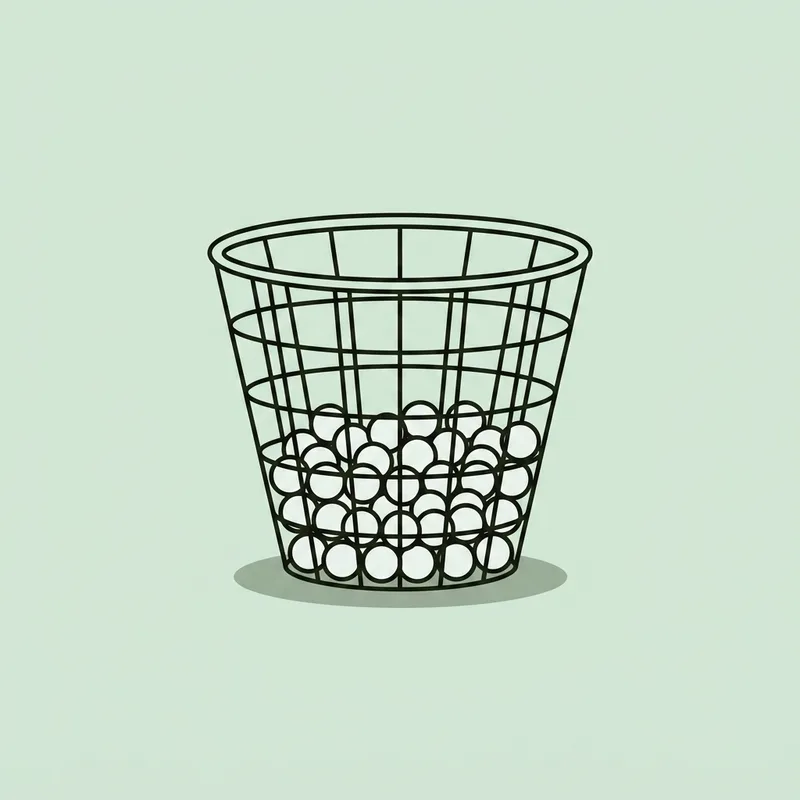 A wire practice basket half full of golf balls