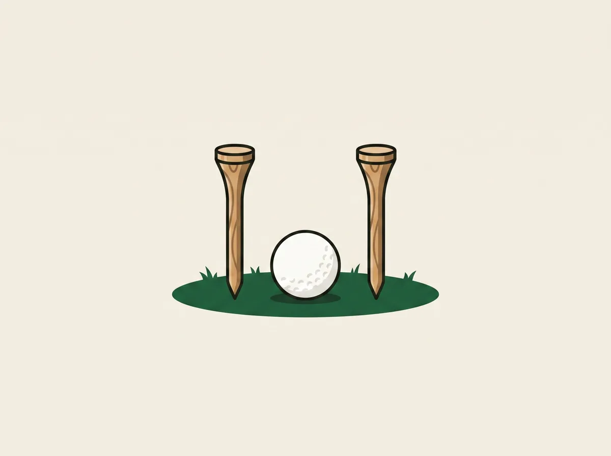 Two wooden tees pushed into the turf a short distance apart with a golf ball resting between them